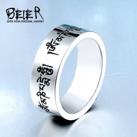 BEIER Fashion Men's High Polished Stainless Steel Buddhism Mantra Ring Bring Lucky Jewelry BR-R072